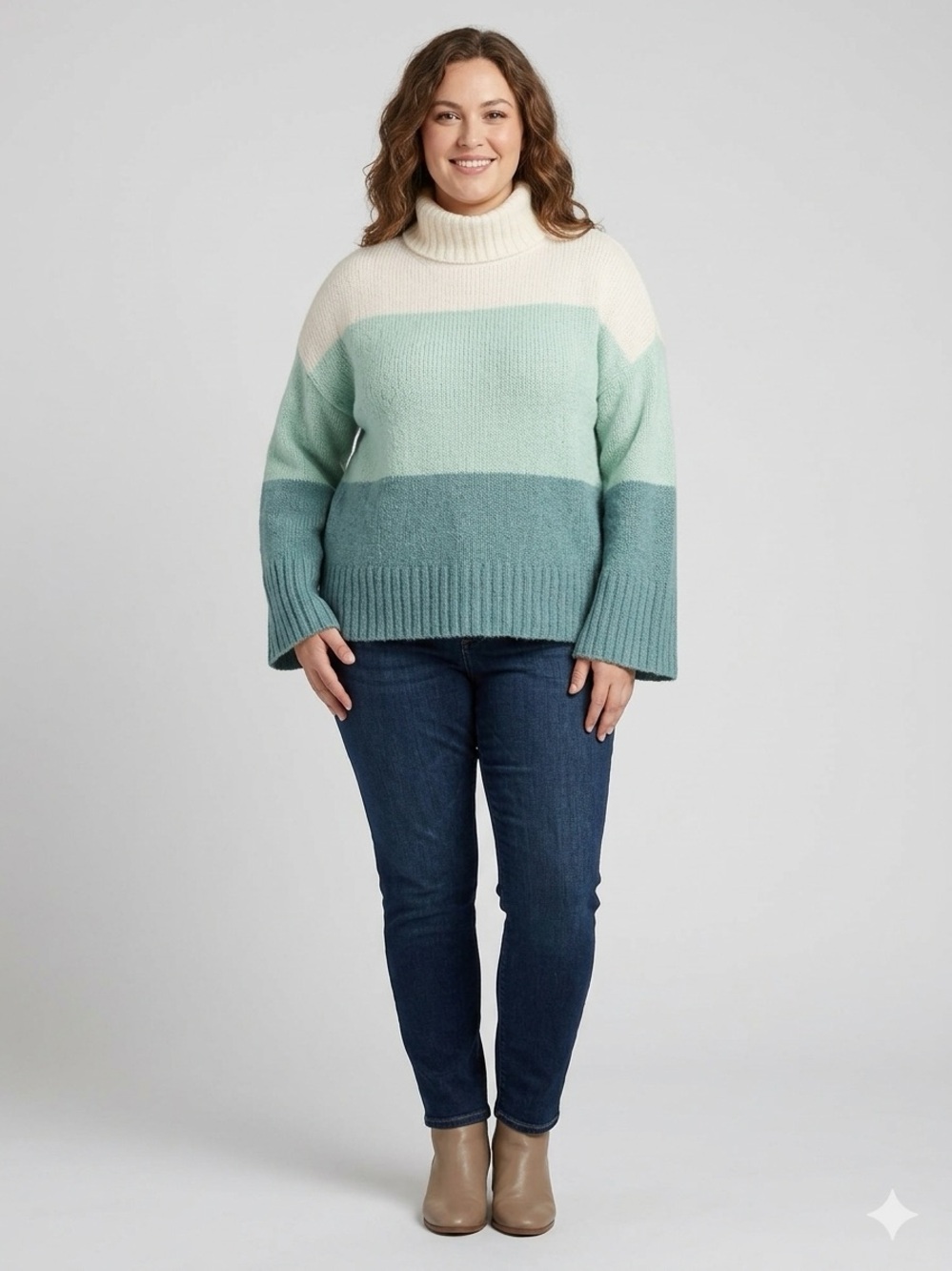 Ann Taylor Colorblock Turtleneck Sweater in Cream, Mint, and Teal
